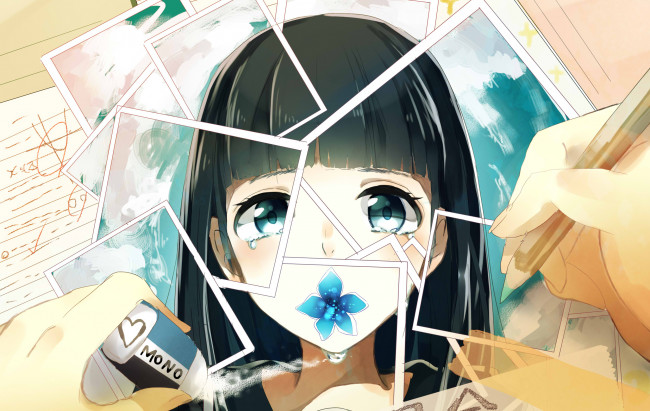 Обои картинки фото аниме, unknown,  другое, карандаш, фото, цветок, девушка, стерка