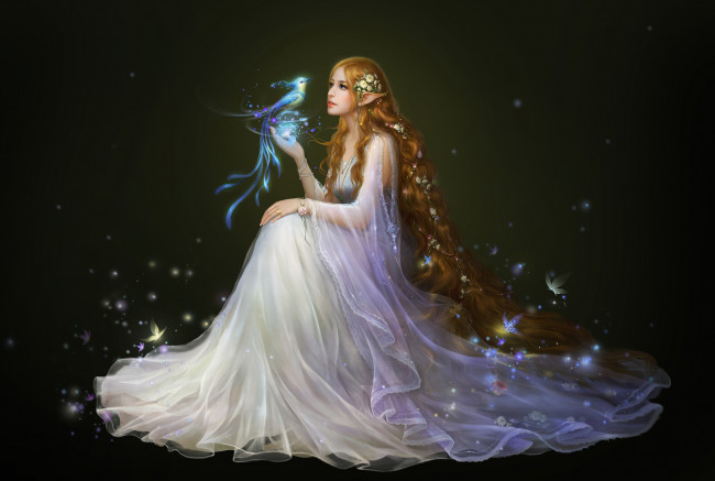 Обои картинки фото фэнтези, эльфы, фентези, эльфийка, птичка, арт