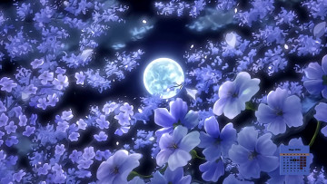 Картинка календари рисованные +векторная+графика 2018 луна цветы ночь