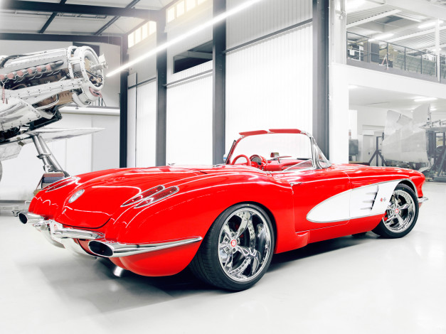 Обои картинки фото pogea racing corvette c1 2012, автомобили, corvette, pogea, racing, c1, 2012, красный, ангар, самолёт