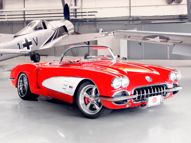 Обои картинки фото pogea racing corvette c1 2012, автомобили, corvette, pogea, racing, c1, 2012, красный, ангар, самолёт