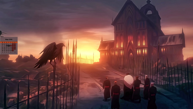 Обои картинки фото календари, аниме, закат, птица, люди, здание, 2018