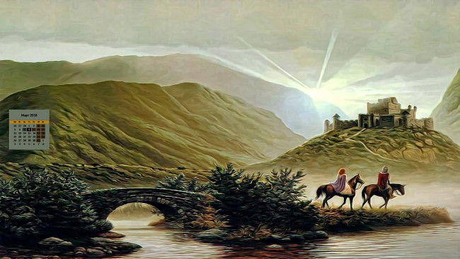 Обои картинки фото календари, фэнтези, водоем, мост, люди, 2018, растения, гора, здание