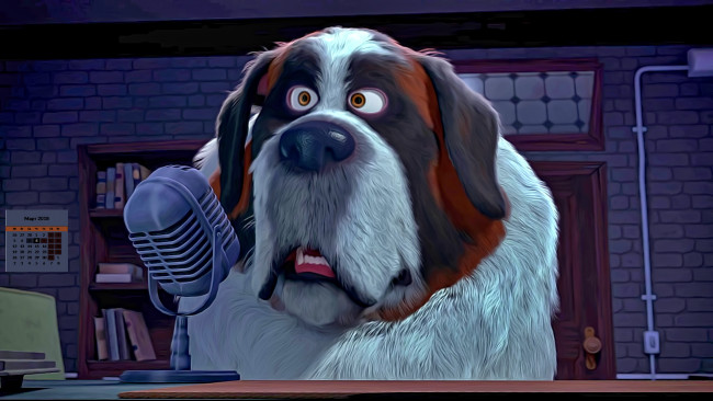 Обои картинки фото календари, кино,  мультфильмы, собака, микрофон, взгляд, морда, 2018