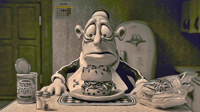 Обои картинки фото календари, кино,  мультфильмы, взгляд, банка, бутерброд, мужчина, 2018