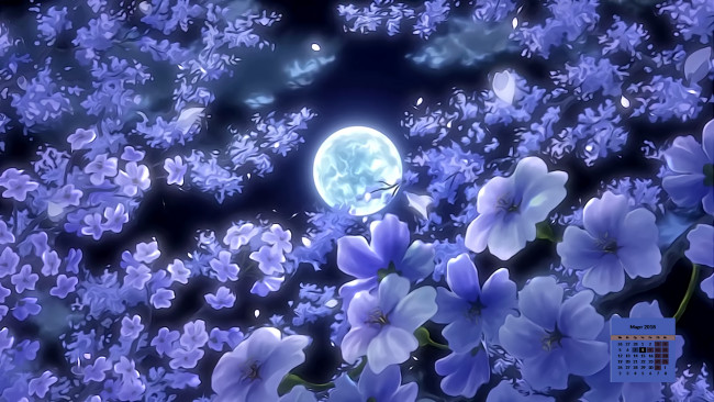 Обои картинки фото календари, рисованные,  векторная графика, 2018, луна, цветы, ночь