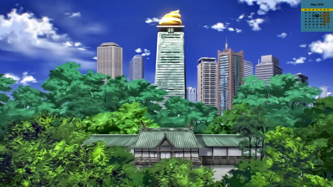 Обои картинки фото календари, рисованные,  векторная графика, здание, небоскреб, 2018, деревья