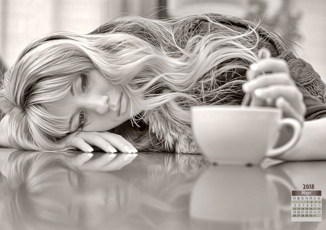 Обои картинки фото календари, компьютерный дизайн, девушка, 2018, кружка, отражение