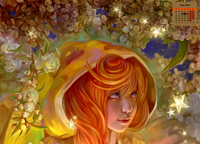 Обои картинки фото календари, рисованные,  векторная графика, 2018, девушка, взгляд, лицо, цветы