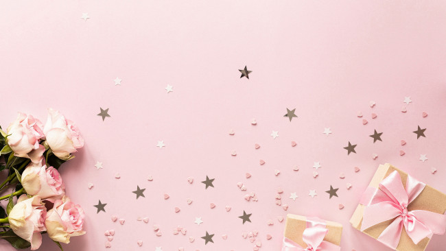 Обои картинки фото праздничные, подарки и коробочки, лента, бант, подарки, розы
