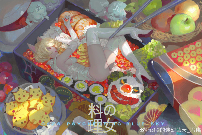 Обои картинки фото аниме, животные,  существа, девушка, еда, духи, палочки