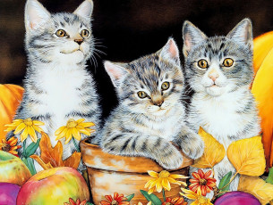 Картинка рисованное животные +коты котята горшок цветы