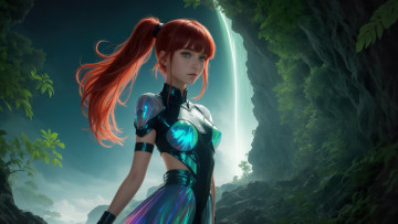 Картинка нейросеть 3д+графика фантазия+ fantasy girl red hair nature art painting digital