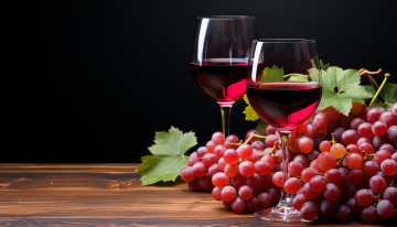 Картинка 3д+графика еда- food вино бокалы виноград черный фон натюрморт ии-арт нейросеть