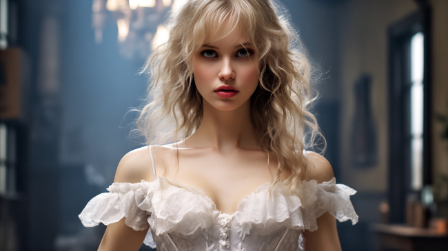 Обои картинки фото девушка - girl, 3д графика, портрет , portraits, взгляд, девушка, портрет, блондинка, белое, платье, сарафан, ии-арт, нейросеть