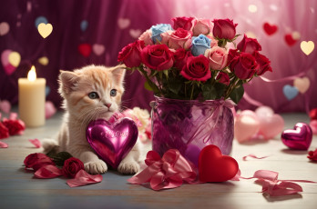 обоя праздничные, день святого валентина,  сердечки,  любовь, розы, сердечки, котенок, банты