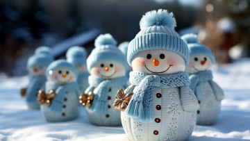обоя праздничные, снеговики, зима, шапочки, шарфики