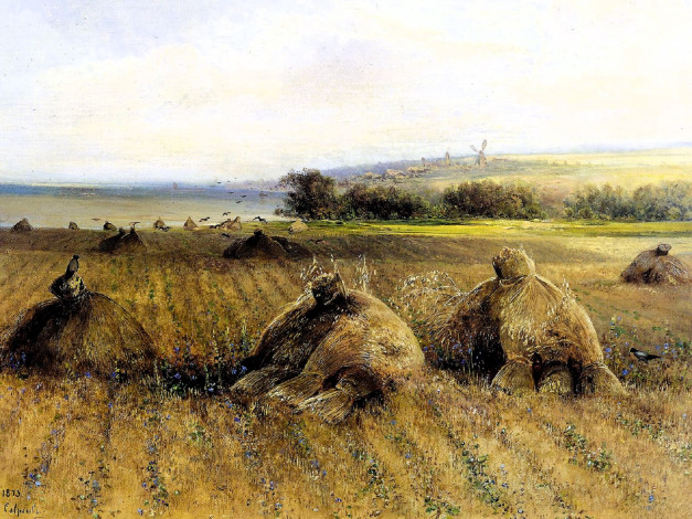 Обои картинки фото рисованное, алексей саврасов, поле, сено, птицы