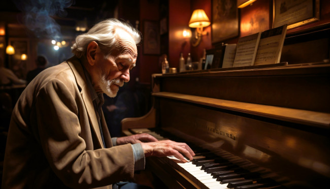 Обои картинки фото 3д графика, люди , people, старик, музыкант, пианино