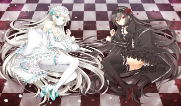 Картинка аниме pandora hearts чулки цветы две девушки платье лёжа лепестки