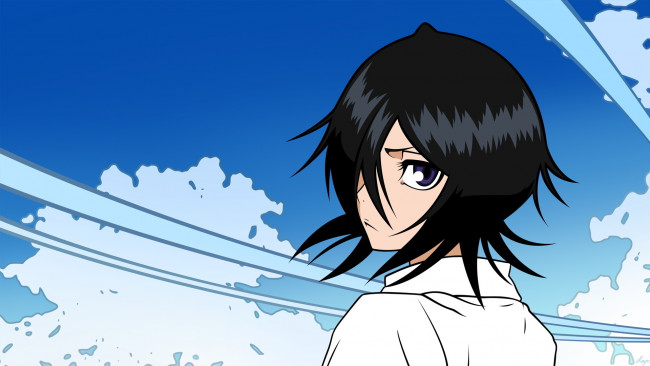 Обои картинки фото аниме, bleach, kuchiki, rukia, девушка, прическа, волосы, ветер, облака, небо, взгляд