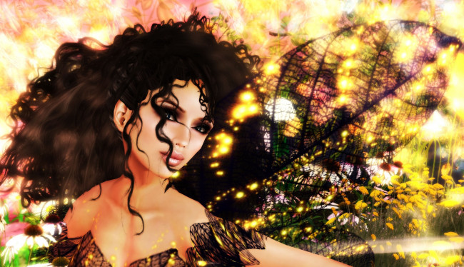 Обои картинки фото 3д, графика, portraits, портрет, цветы, листок, девушка, кудри