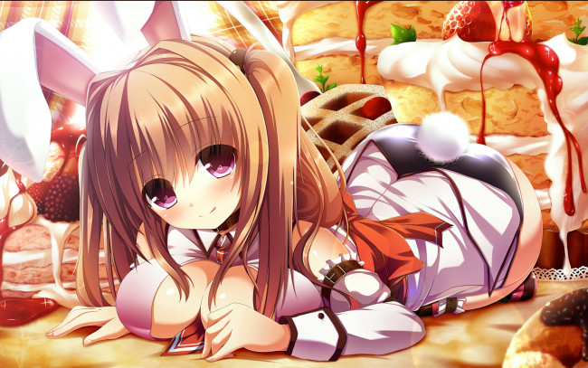Обои картинки фото аниме, animals, торт, ушки, кролик, девушка