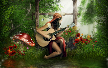 Картинка 3д графика people люди танец луна платье розы беседка