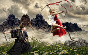 Картинка разное компьютерный дизайн трава ромашки горы сражение облака птицы цепь меч самурай