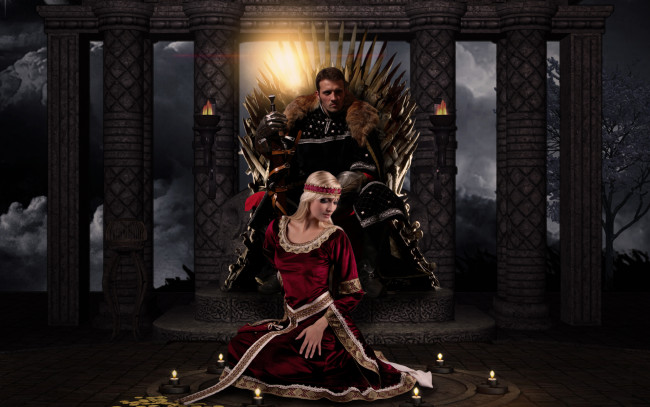 Обои картинки фото разное, компьютерный, дизайн, меч, платье, свечи, трон