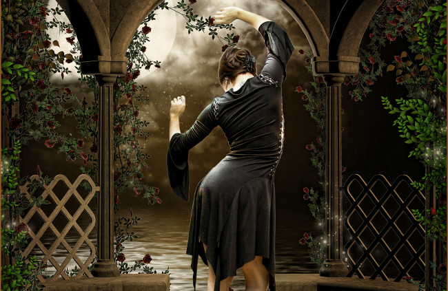 Обои картинки фото 3д, графика, people, люди, кошка, гитара, колодец, дерево, бабочки, косынка, цветы, трава, пруд, гриб