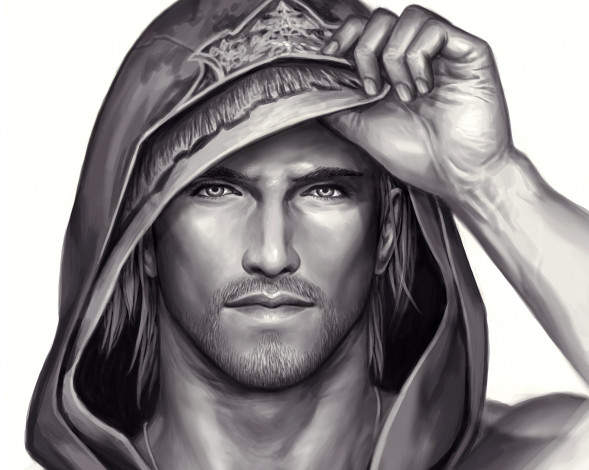 Обои картинки фото рисованное, люди, белый, фон, парень, капюшон, взгляд, рука