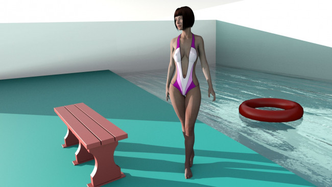 Обои картинки фото 3д графика, люди , people, скамейка, круг, бассейн, фон, взгляд, девушка