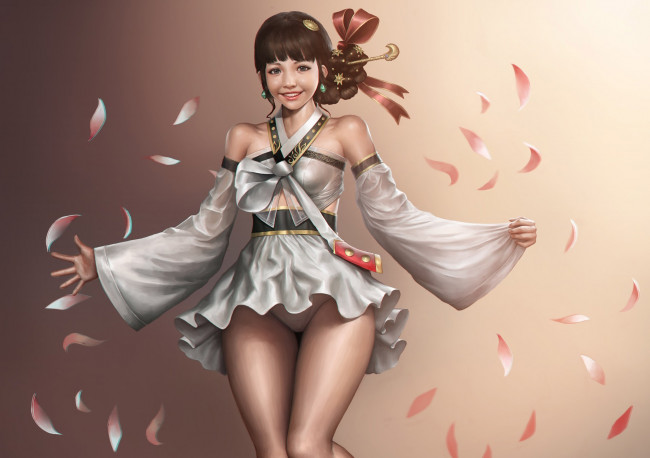 Обои картинки фото рисованное, люди, девушка, платье, лепестки, фон