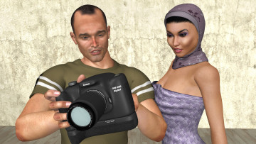 Картинка 3д+графика люди+ people мусульманка интерьер фото сессия парень фон взгляд девушка фотокамера