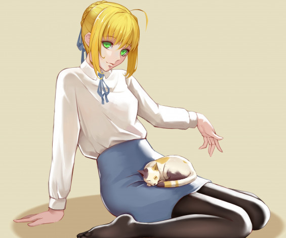 Обои картинки фото аниме, fate, stay night, девушка, взгляд, фон, кот