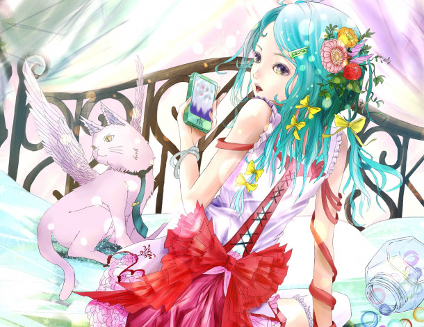 Обои картинки фото аниме, животные,  существа, девушка
