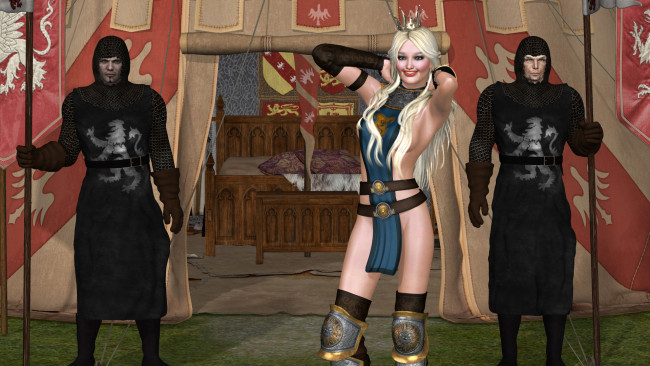 Обои картинки фото 3д графика, люди , people, девушка, взгляд, фон, улыбка, принцесса, охрана, интерьер