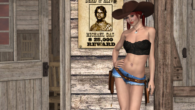 Обои картинки фото 3д графика, люди , people, фон, взгляд, девушка, ковбой, оружие