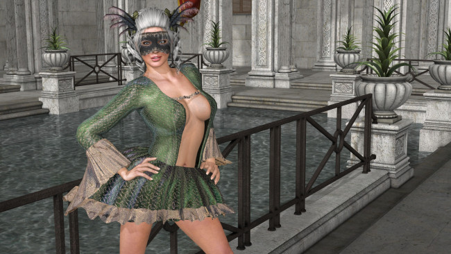 Обои картинки фото 3д графика, люди , people, интерьер, бассейн, фон, взгляд, девушка, маска