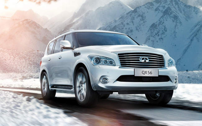 Обои картинки фото автомобили, infiniti, скорость, горы, снег, белый, инфинити, qx56