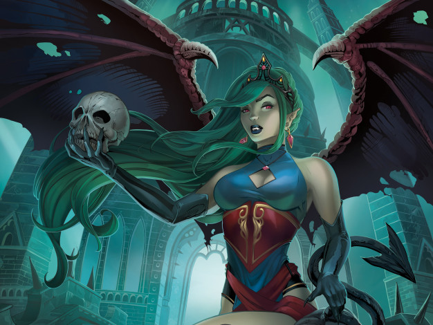 Обои картинки фото фэнтези, вампиры, фантастика, череп, ночь, крылья, девушка, вампир, evelyn