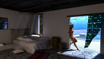 Картинка 3д+графика люди+ people девушка фон комната купальник море