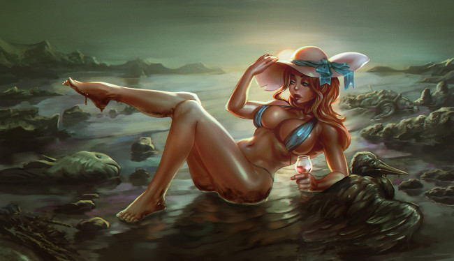 Обои картинки фото рисованное, люди, девушка, фон, купальник, шляпа, ворон, рыба, фужер, грязь