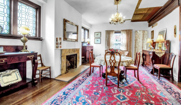 обоя интерьер, столовая, камин, люстра, ковер, обеденный, стол