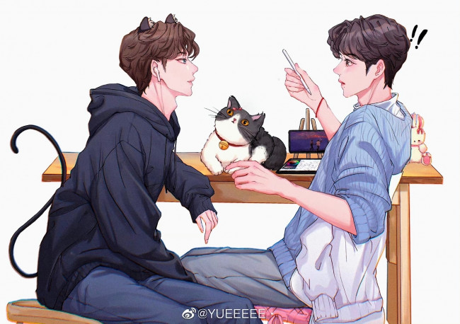 Обои картинки фото рисованное, люди, ван, ибо, сяо, чжань, кошка, ушки, хвост