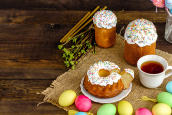 Картинка праздничные пасха куличи чай яйца