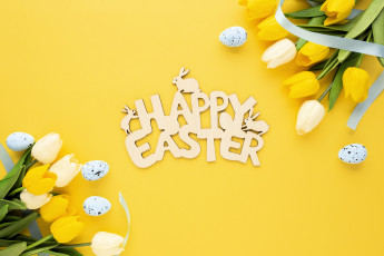 обоя праздничные, пасха, поздравление, тюльпаны, яйца