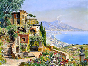 обоя рисованное, alois arnegger, деревья, дом, дорожка, горы, вулкан, море, город