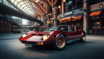 Картинка lamborghini+miura автомобили 3д нейросеть красный улица город дома